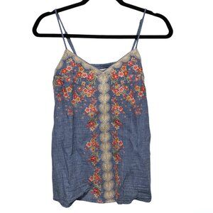 Savanna Jane Blue White Striped Floral Embroidered V-neck Sleeveless Top S